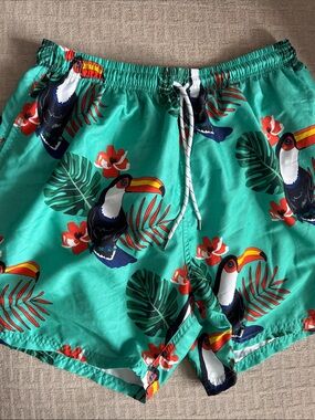 Uzzi Active SwimwearTeal Tropical Print Swim Shorts with Toucan Motif, XL